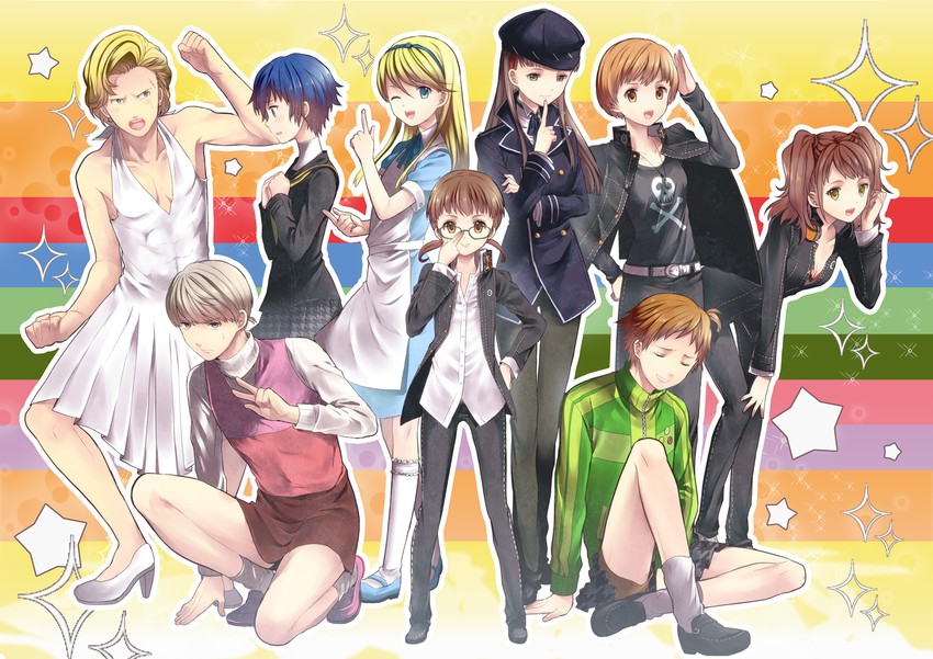 narukami yu, alice, shirogane naoto, satonaka chie, kujikawa rise, and 6 more (persona and 2 more) drawn by mikou_(toromappo)