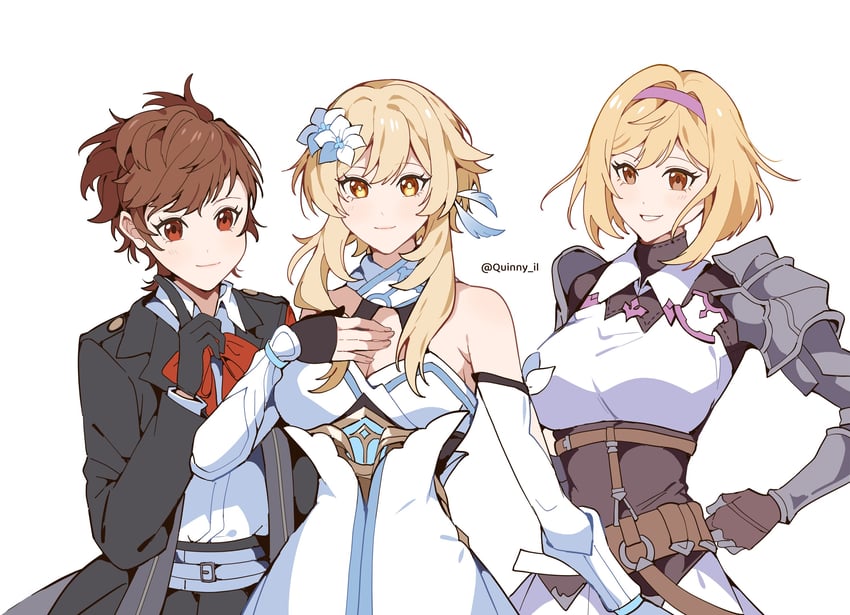 lumine, djeeta, and shiomi kotone (genshin impact and 4 more) drawn by quinny_il