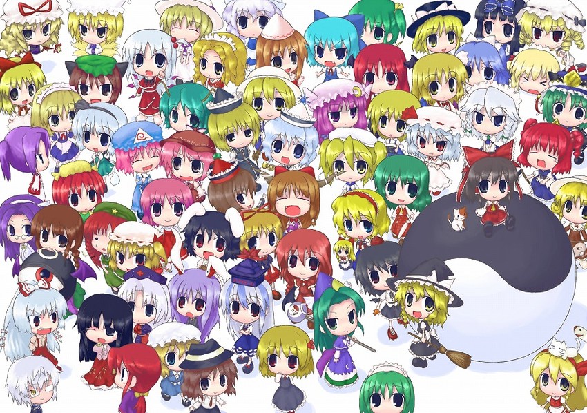 hakurei reimu, kirisame marisa, flandre scarlet, konpaku youmu, alice margatroid, and 58 more (touhou) drawn by kasema_yukinari