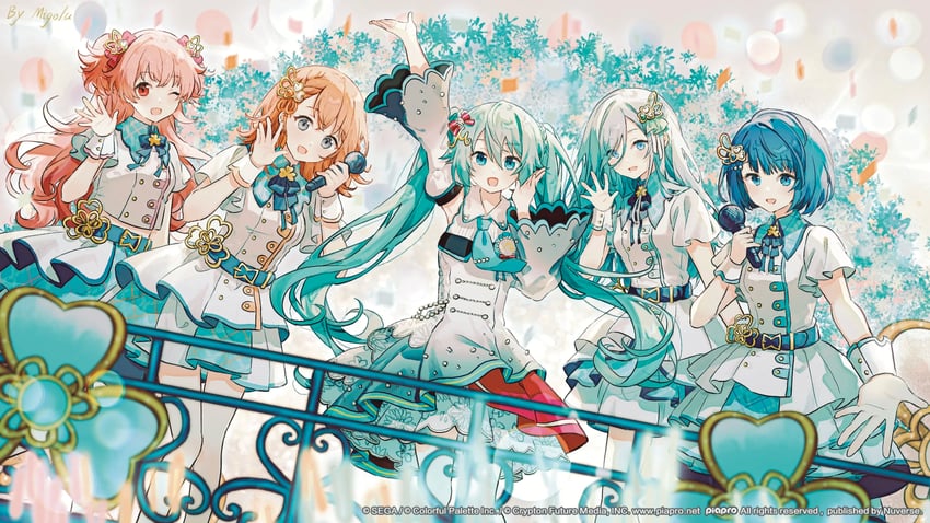 hatsune miku, hanasato minori, kiritani haruka, momoi airi, hinomori shizuku, and 1 more (vocaloid and 1 more) drawn by migolu