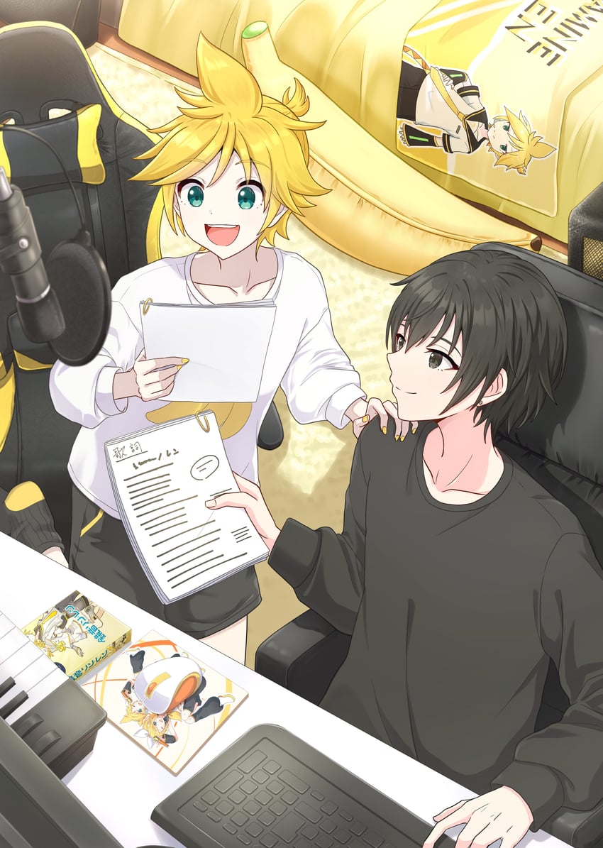 kagamine rin, kagamine len, and master (vocaloid) drawn by itogari