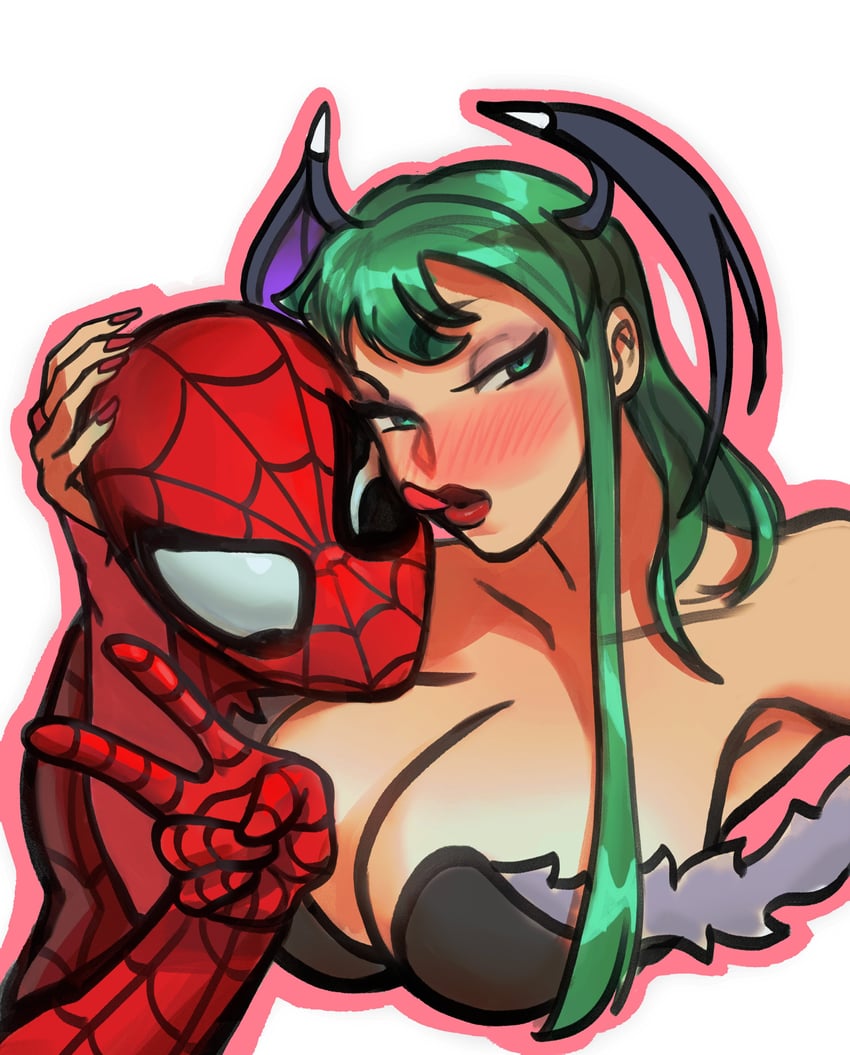 morrigan aensland and spider-man (marvel and 3 more) drawn by peter_chai