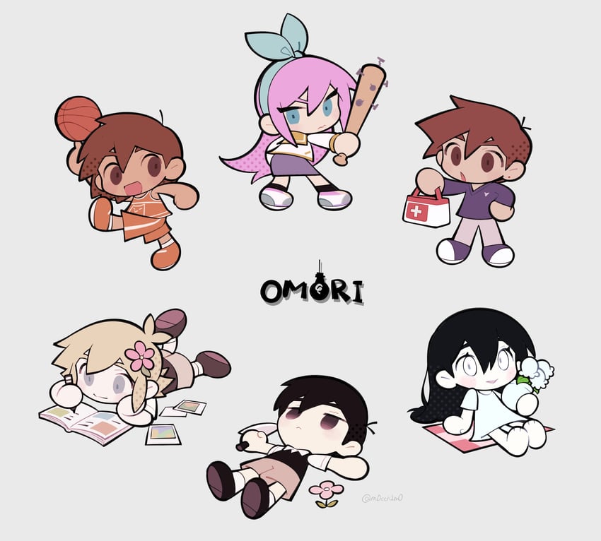 basil, omori, mari, aubrey, kel, and 1 more (omori) drawn by moti_(m0cch1m0)