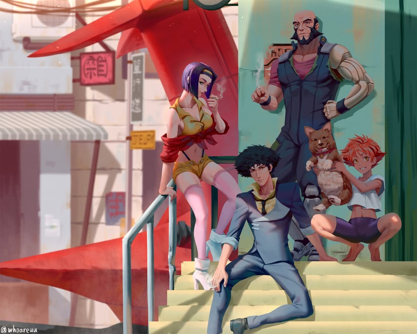 faye valentine, spike spiegel, edward wong hau pepelu tivrusky iv, ein, jet black, and 1 more (cowboy bebop) drawn by whoareuu