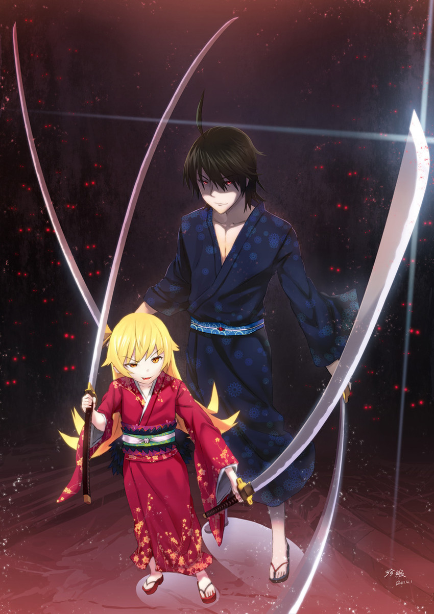 oshino shinobu and araragi koyomi (monogatari and 2 more) drawn by zhen_lu