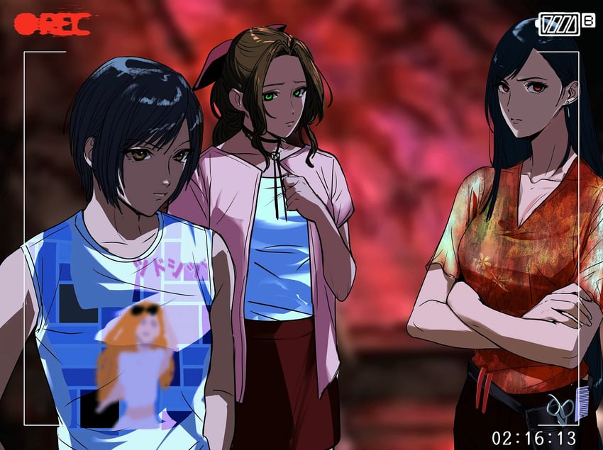 tifa lockhart, aerith gainsborough, and yuffie kisaragi (final fantasy and 4 more) drawn by amikoiiko