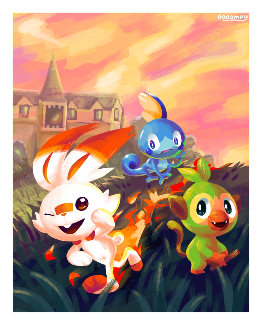 scorbunny, sobble, and grookey (pokemon) drawn by gooompy