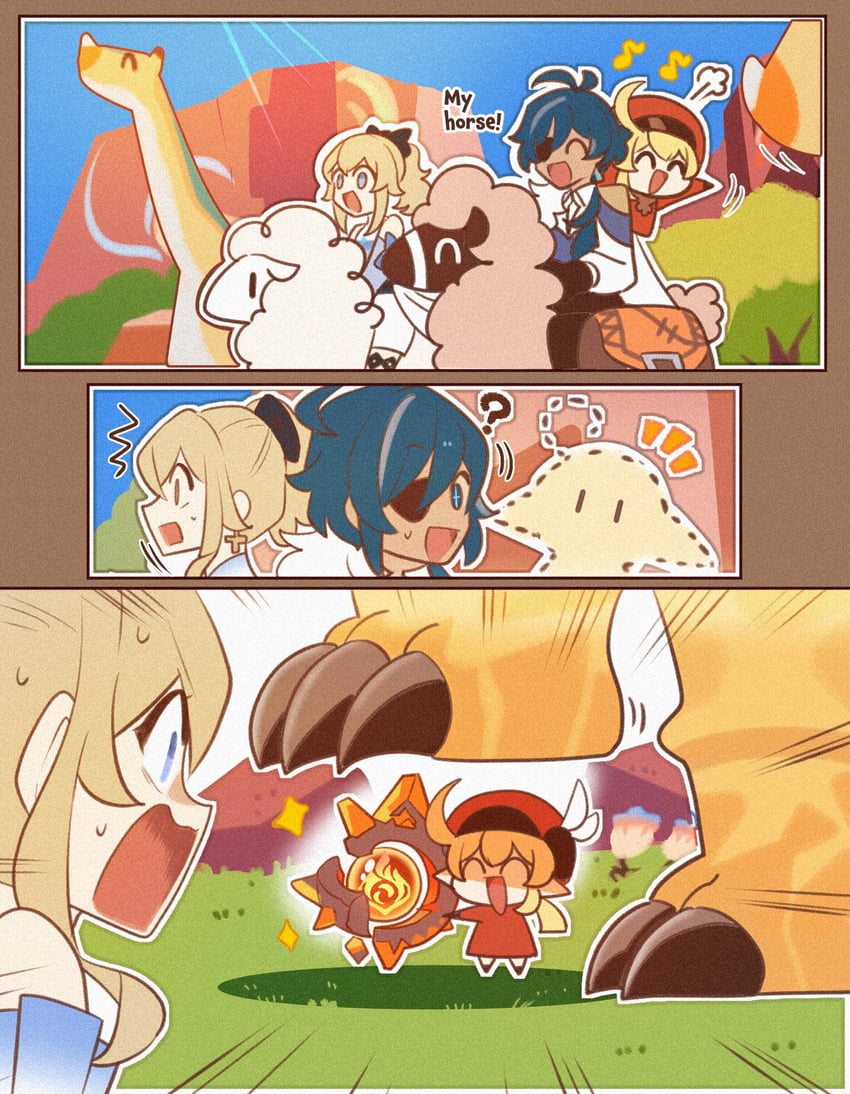 klee, jean, kaeya, and long-necked rhino (genshin impact) drawn by enpitsu01