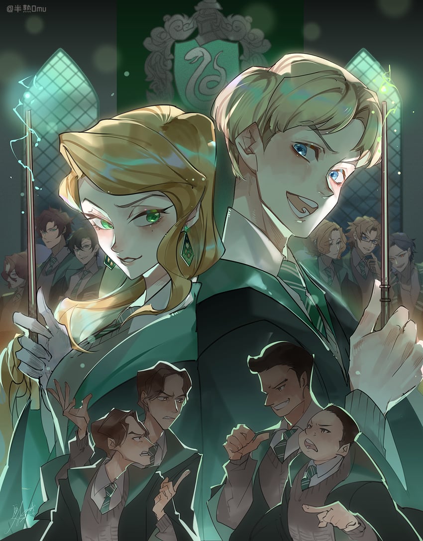 draco malfoy, cassandra vole, gregory goyle, colby frey, fischer frey, and 1 more (wizarding world and 2 more) drawn by emase_(foxmoon)