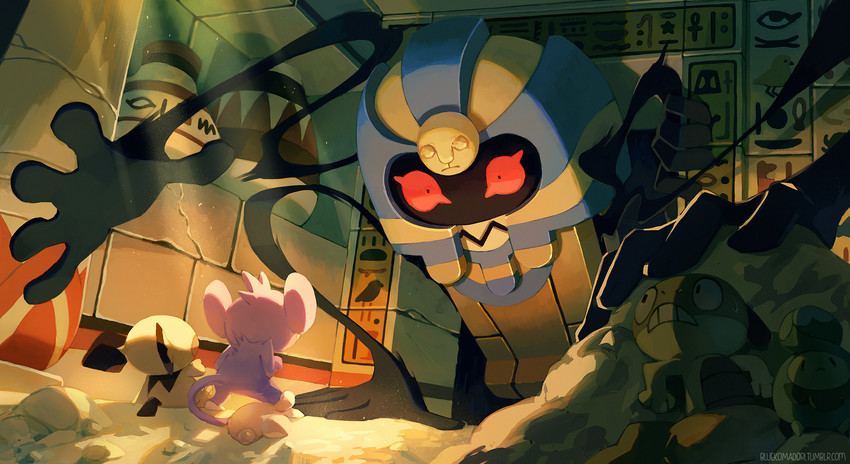 pichu, budew, aipom, scraggy, and cofagrigus (pokemon) drawn by bluekomadori