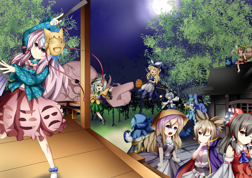 hakurei reimu, kirisame marisa, komeiji koishi, kawashiro nitori, hijiri byakuren, and 6 more (touhou and 1 more) drawn by okapia