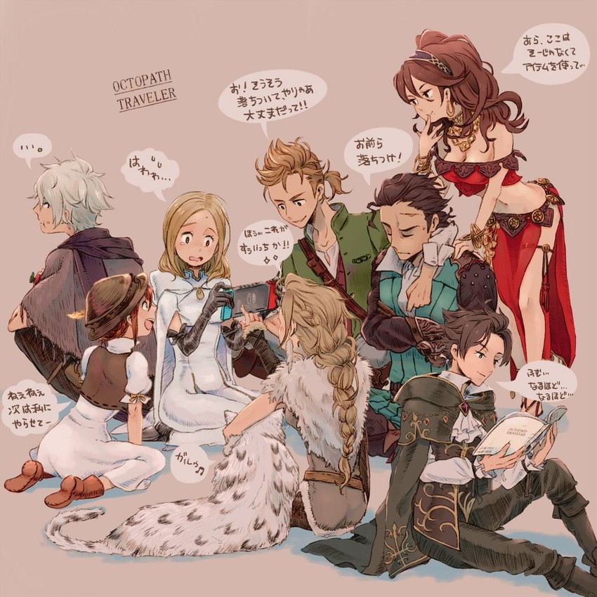 therion, tressa colzione, ophilia clement, primrose azelhart, cyrus albright, and 4 more (octopath traveler and 1 more) drawn by irono16