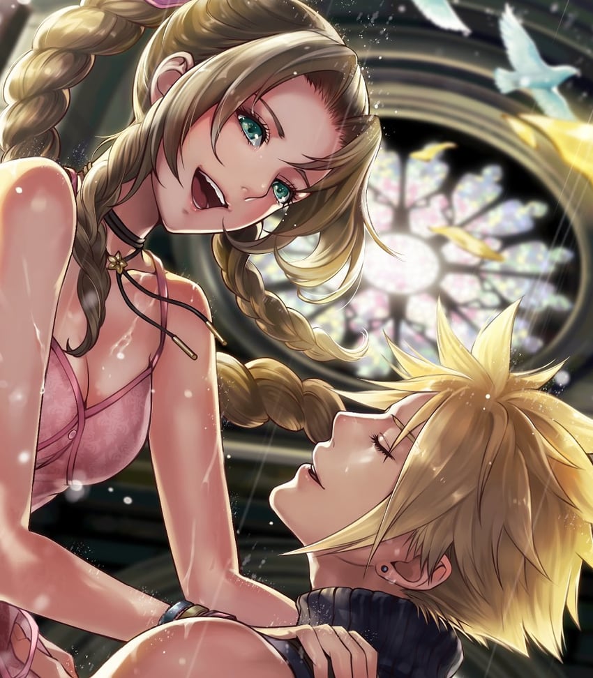 cloud strife and aerith gainsborough (final fantasy and 2 more) drawn by halu-ca