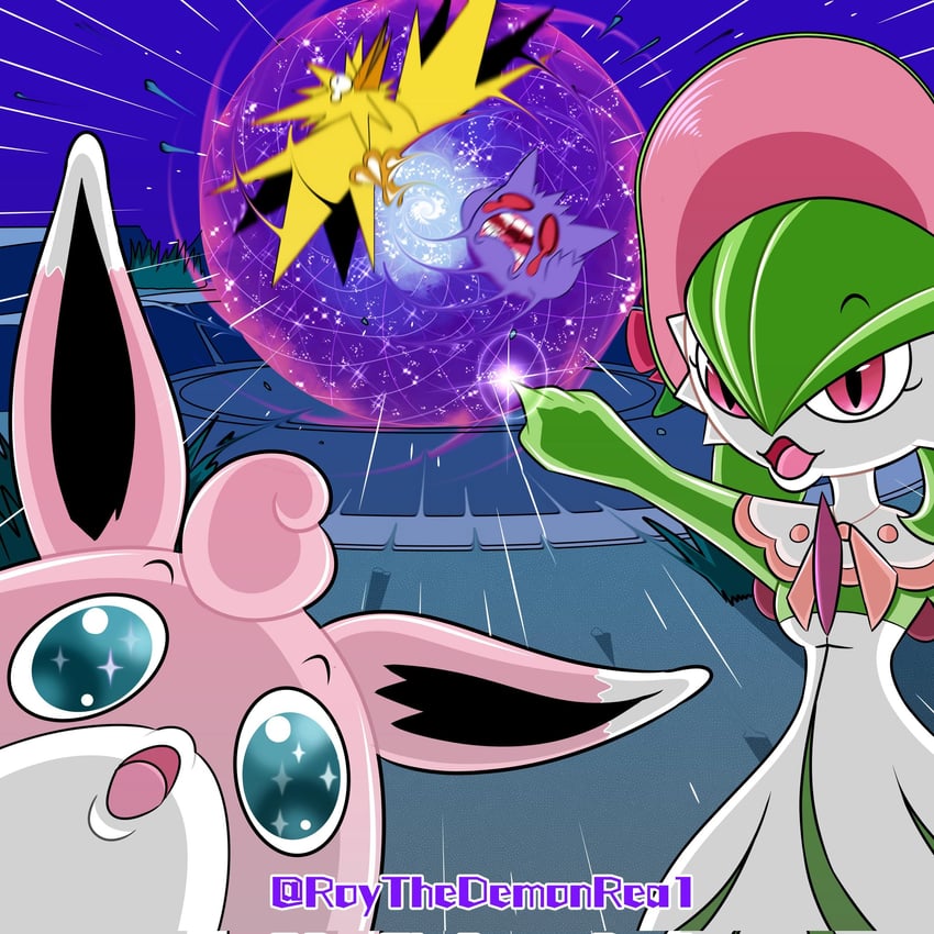 gardevoir, gengar, wigglytuff, and zapdos (pokemon and 1 more) drawn by roythedemonrea1