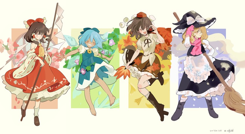 hakurei reimu, kirisame marisa, cirno, shameimaru aya, and tanned cirno (touhou and 1 more) drawn by nengo