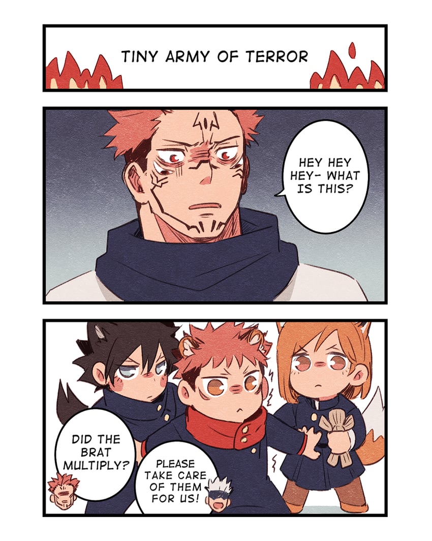 gojou satoru, itadori yuuji, fushiguro megumi, kugisaki nobara, and ryoumen sukuna (jujutsu kaisen) drawn by lightningstrikes