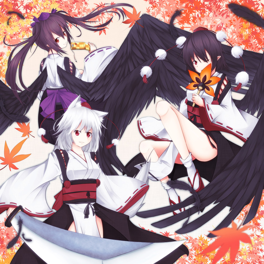 shameimaru aya, inubashiri momiji, and himekaidou hatate (touhou) drawn by shirua_(s4-42424)