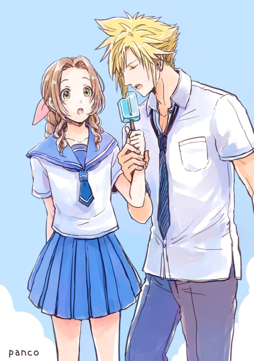 cloud strife and aerith gainsborough (final fantasy and 2 more) drawn by ancotsubu