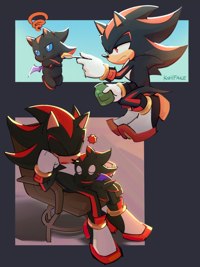 shadow the hedgehog, dark chao, and shadow chao (sonic) drawn by koiifake