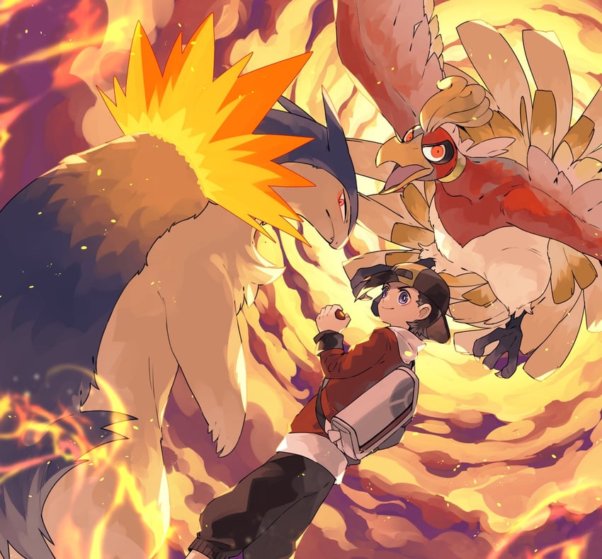 ethan, typhlosion, and ho-oh (pokemon and 1 more) drawn by mamebato