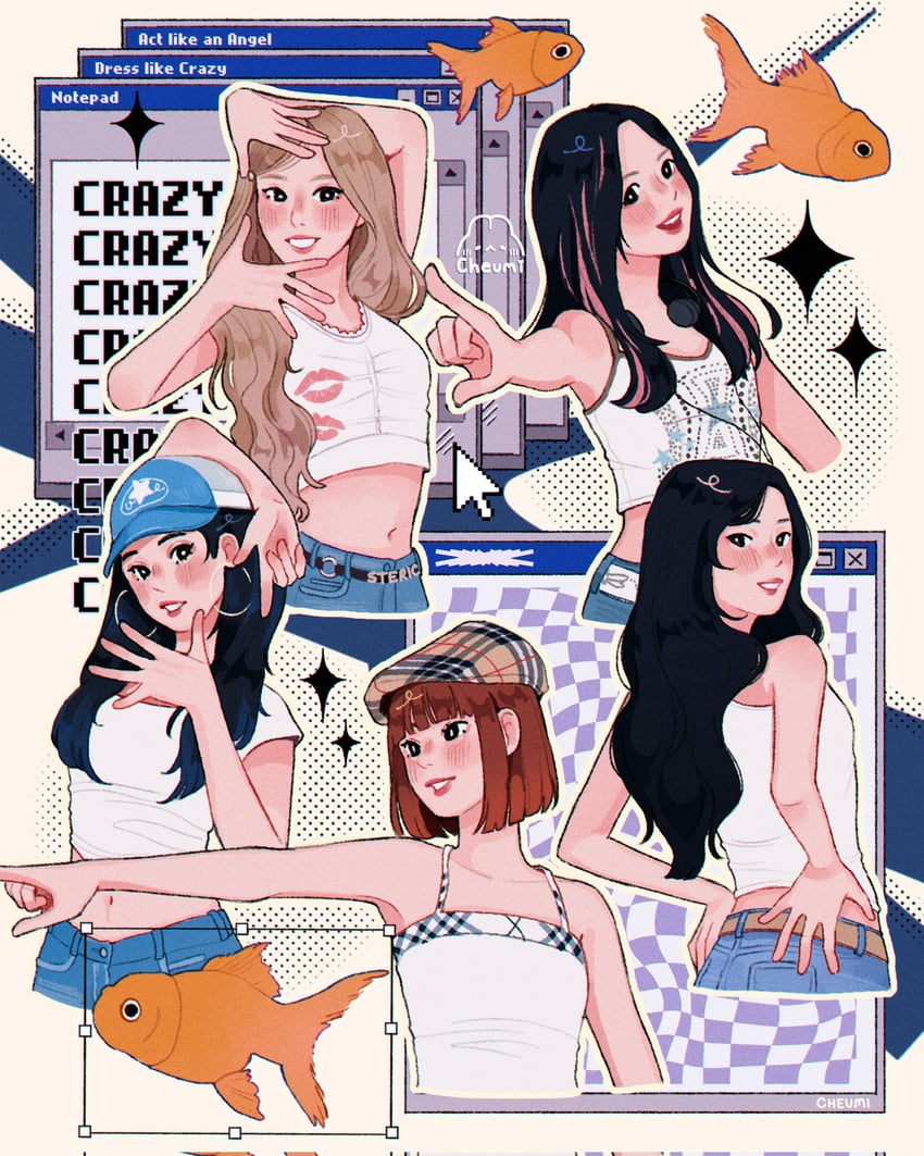 kim chae-won, huh yun-jin, nakamura kazuha, miyawaki sakura, and hong eun-chae (real life and 2 more) drawn by cheumi