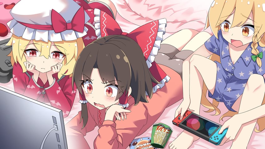 hakurei reimu, kirisame marisa, and flandre scarlet (touhou) drawn by e.o.