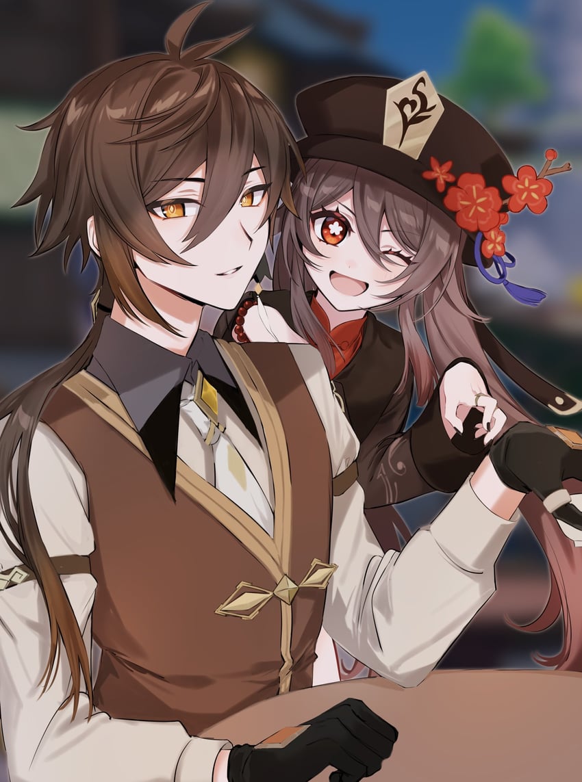 hu tao and zhongli (genshin impact) drawn by sushi_171