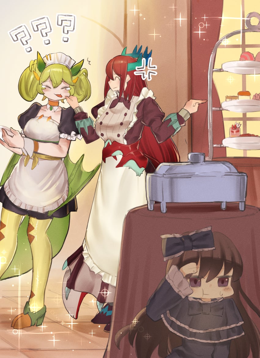 parlor dragonmaid, kitchen dragonmaid, and ghost belle & haunted mansion (yu-gi-oh!) drawn by dougaku_(passionpit777)