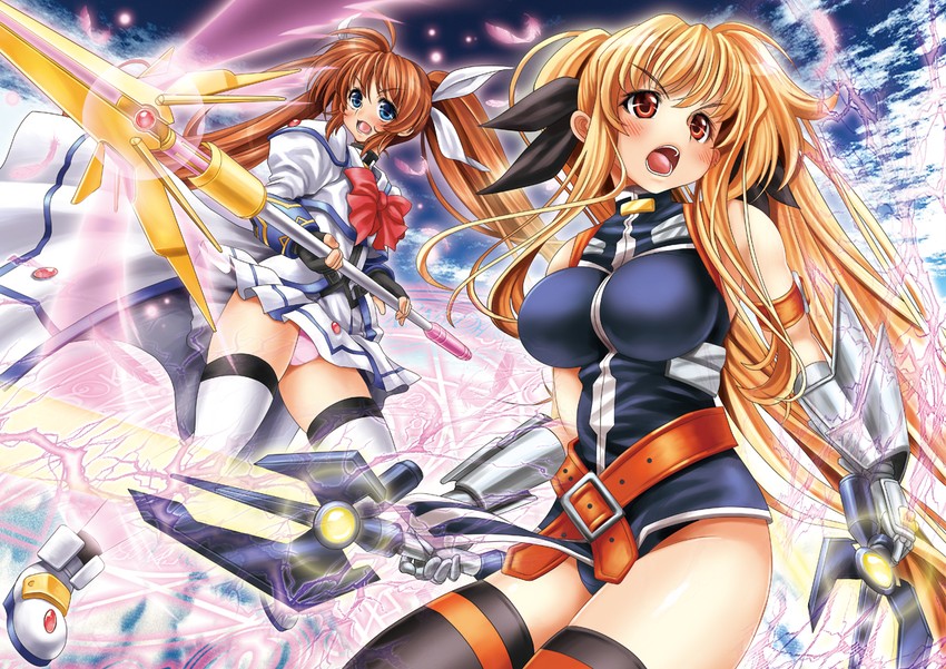 fate testarossa, takamachi nanoha, raising heart, and bardiche (lyrical nanoha and 1 more) drawn by itachou