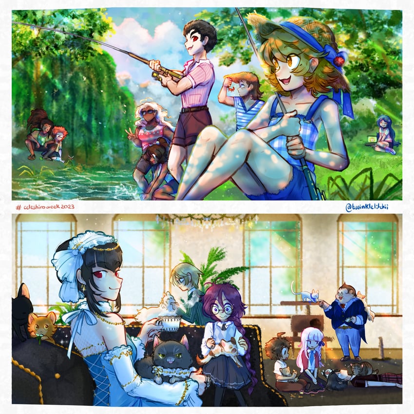 kirigiri kyoko, monokuma, naegi makoto, celestia ludenberg, maizono sayaka, and 11 more (danganronpa and 1 more) drawn by twinklelitchii