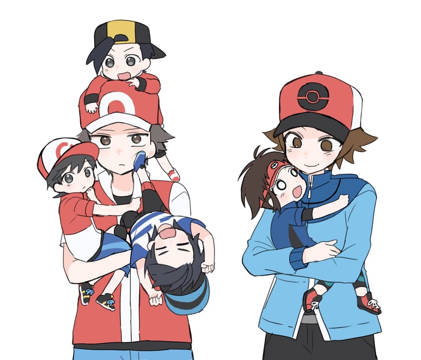 red, ethan, hilbert, elio, nate, and 1 more (pokemon and 6 more) drawn by moni_jjg