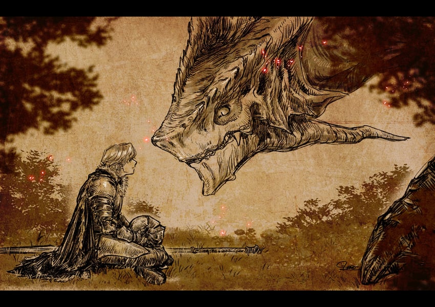 roundtable knight vyke and ancient dragon lansseax (elden ring) drawn by haruichi_(haruichithm)