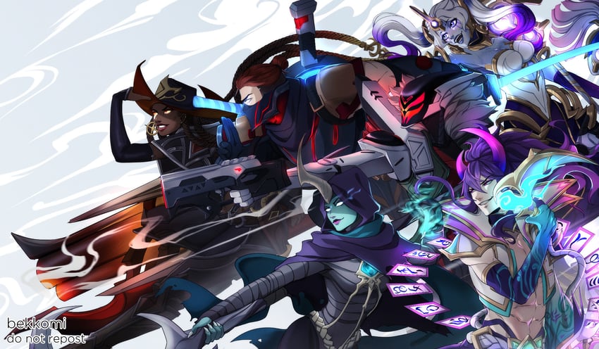 soraka, nami, thresh, shen, jhin, and 7 more (league of legends) drawn by bekkomi