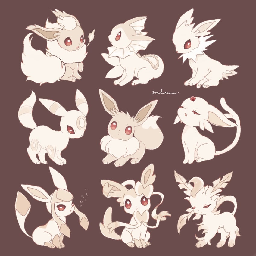 eevee, sylveon, umbreon, glaceon, vaporeon, and 4 more (pokemon) drawn by mkt_(buizu-miki)