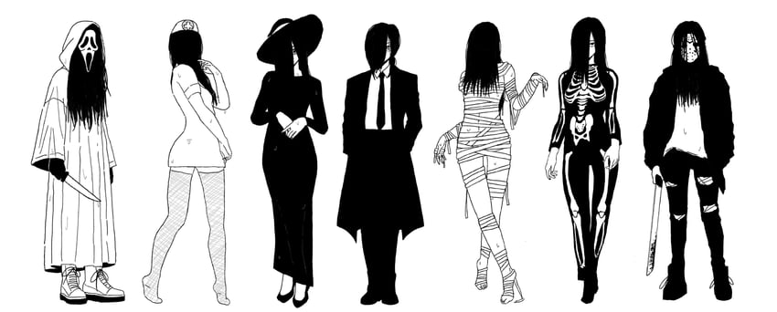 makima, yamamura sadako, jason voorhees, and ghostface (chainsaw man and 3 more) drawn by virtuware