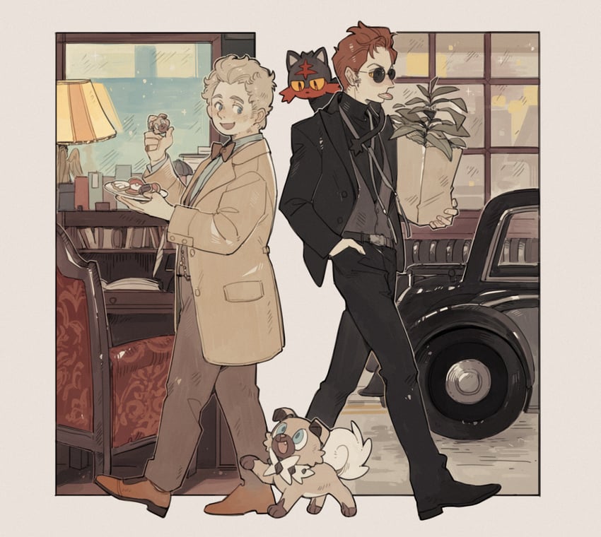 litten, rockruff, crowley, and aziraphale (pokemon and 1 more) drawn by luminous_slime