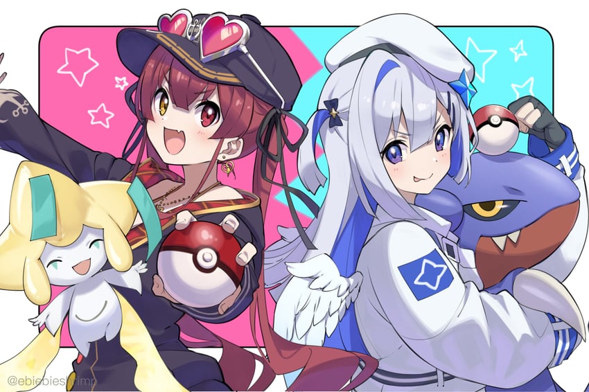 houshou marine, amane kanata, jirachi, and gabite (pokemon and 1 more) drawn by shuri_(84k)