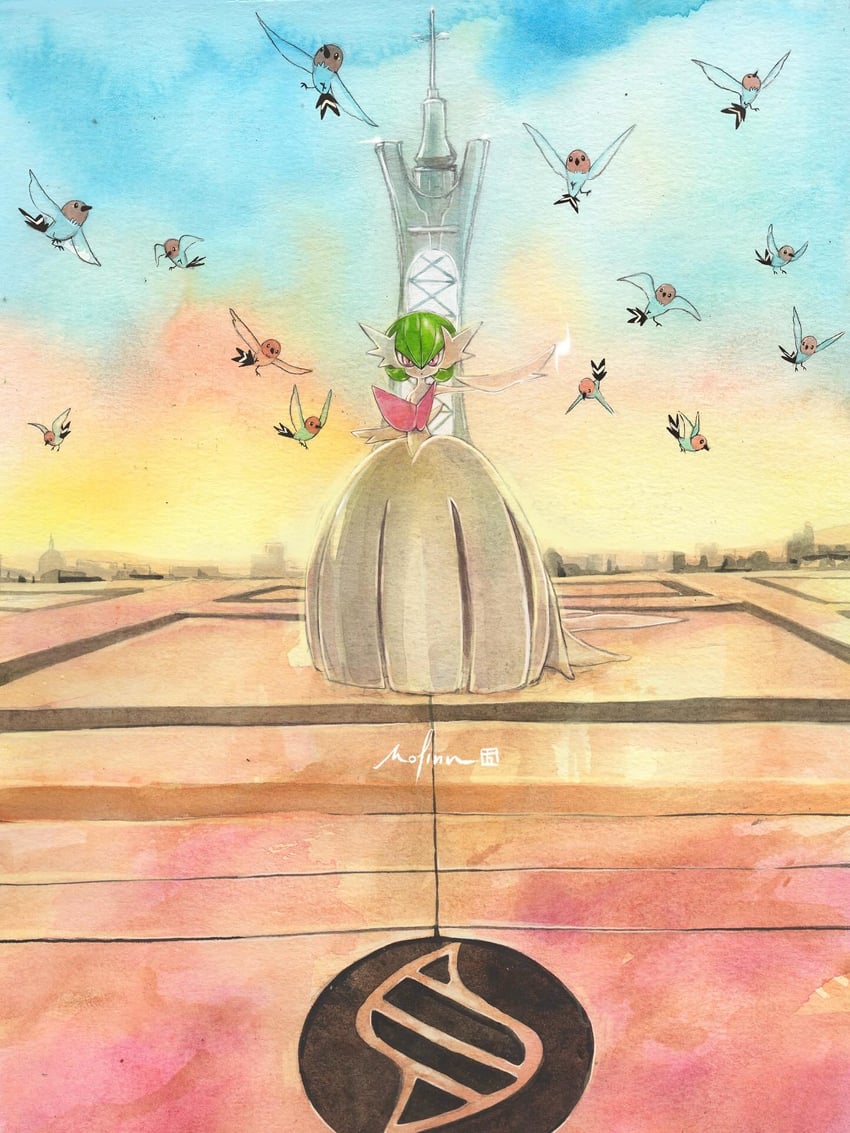 gardevoir, mega gardevoir, and fletchling (pokemon and 2 more) drawn by mofinngram