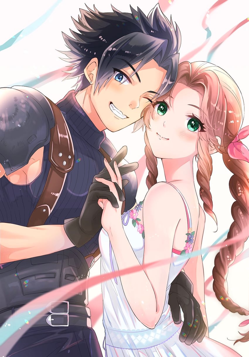 aerith gainsborough and zack fair (final fantasy and 2 more) drawn by loop_mii