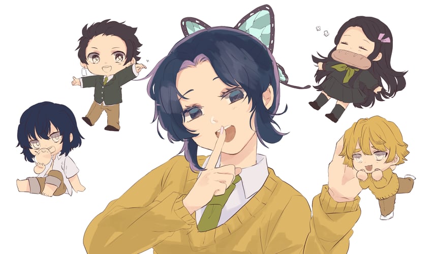 kamado nezuko, kochou shinobu, kamado tanjirou, agatsuma zenitsu, and hashibira inosuke (kimetsu no yaiba and 1 more) drawn by alice-avice