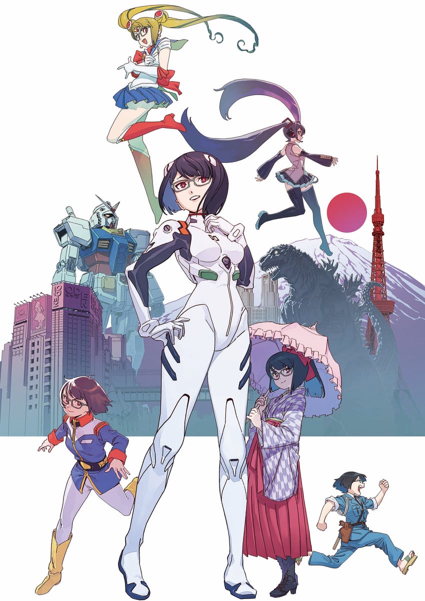 hatsune miku, ayanami rei, sailor moon, godzilla, rx-78-2 gundam, and 1 more (vocaloid and 6 more) drawn by yoshinari_you