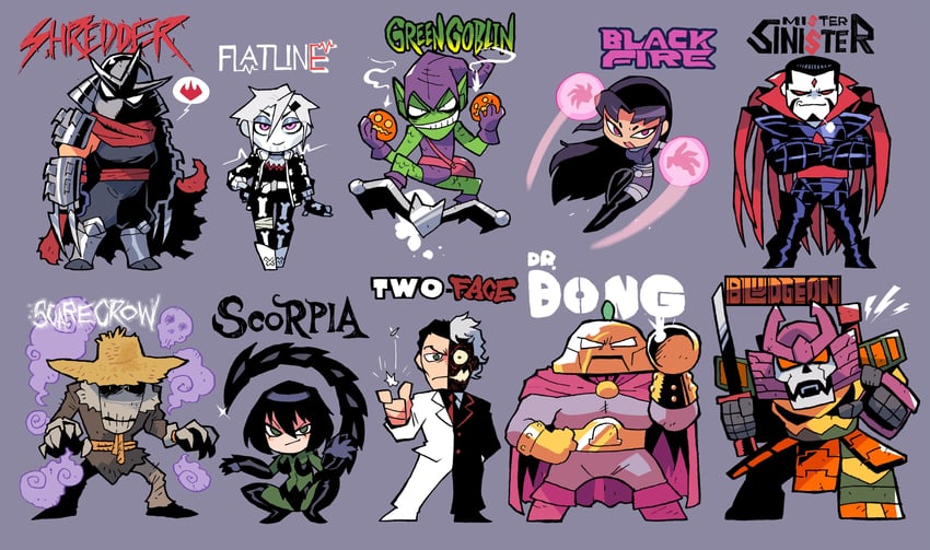 blackfire, shredder, green goblin, bludgeon, two-face, and 5 more (marvel and 6 more) drawn by rariatto_(ganguri)