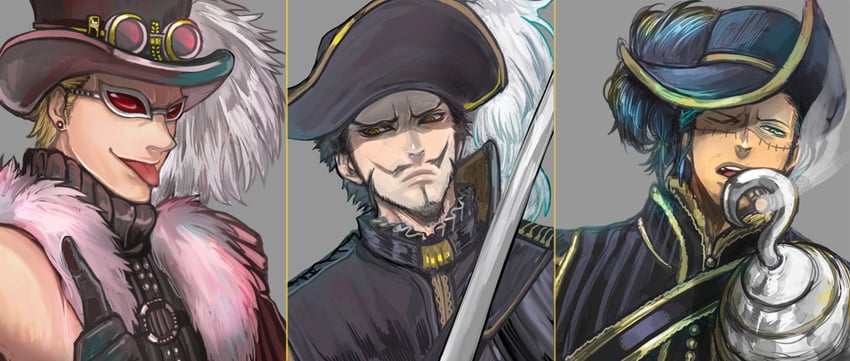 donquixote doflamingo, crocodile, and dracule mihawk (one piece) drawn by jippei