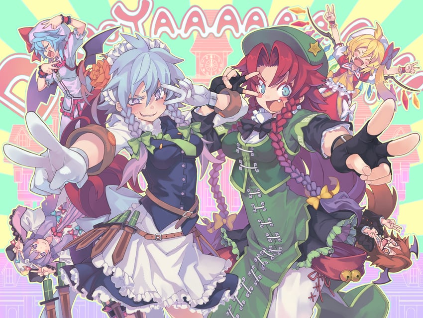 remilia scarlet, flandre scarlet, izayoi sakuya, patchouli knowledge, hong meiling, and 1 more (touhou) drawn by morino_hon