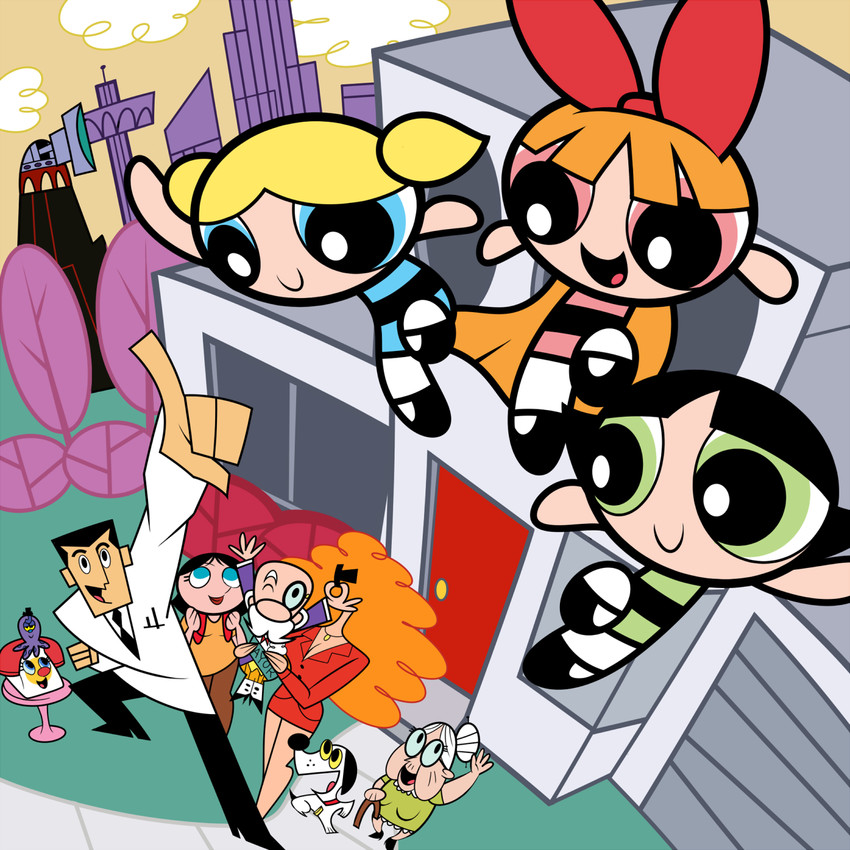 buttercup, blossom, bubbles, professor utonium, sara bellum, and 3 more (powerpuff girls) drawn by ezaki_bisuko