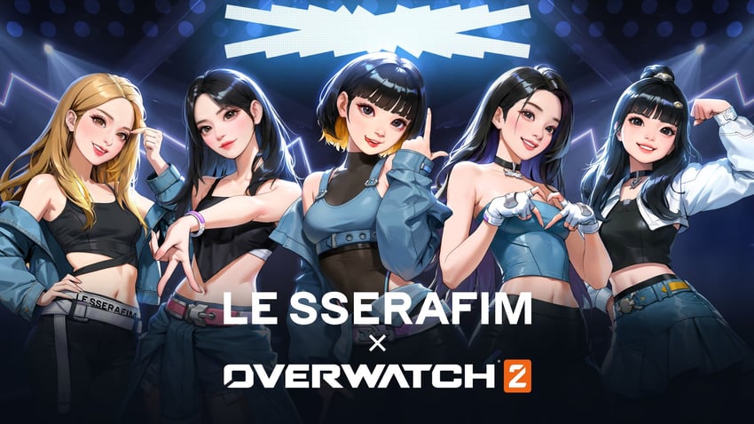 kim chae-won, huh yun-jin, nakamura kazuha, miyawaki sakura, and hong eun-chae (overwatch and 2 more) drawn by dospi