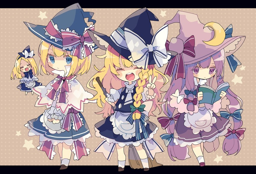 kirisame marisa, alice margatroid, patchouli knowledge, and shanghai doll (touhou) drawn by nikorashi-ka
