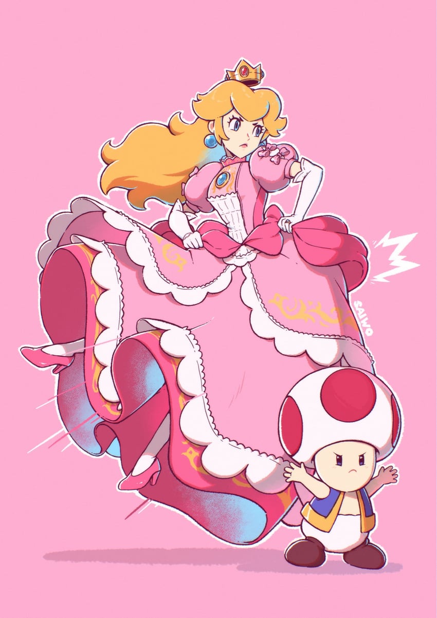 princess peach, toad, and red toad (mario and 1 more) drawn by saiwo_(saiwoproject)