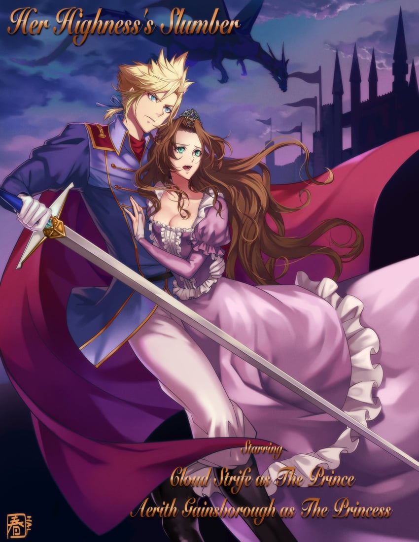 cloud strife and aerith gainsborough (final fantasy and 2 more) drawn by halu-ca