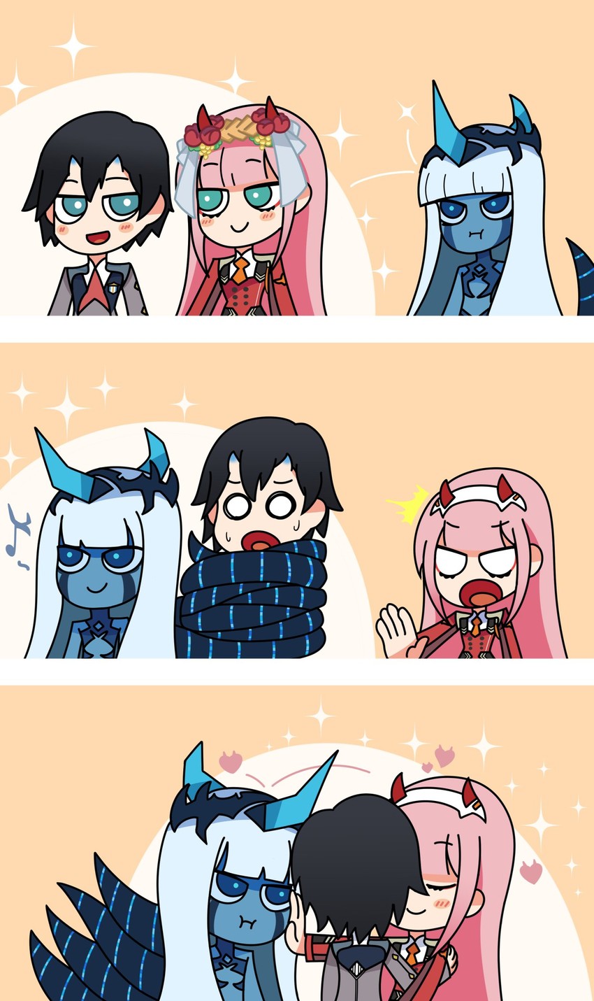 zero two, hiro, and 001 (darling in the franxx) drawn by tashidraw